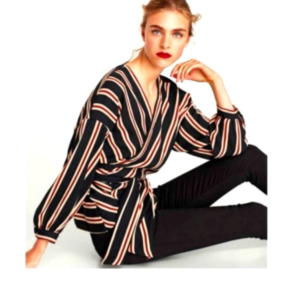 Zara Black Striped V-Neck Long Sleeve True Wrap Blouse sz s